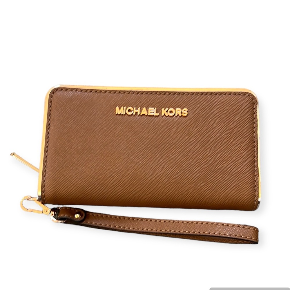 Michael Kors medium wristlet wallet in luggage brown with rose gold accent